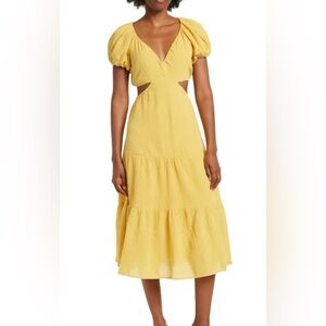 Puff Sleeve CutOut Gauze Midi Dress - Mustard size M